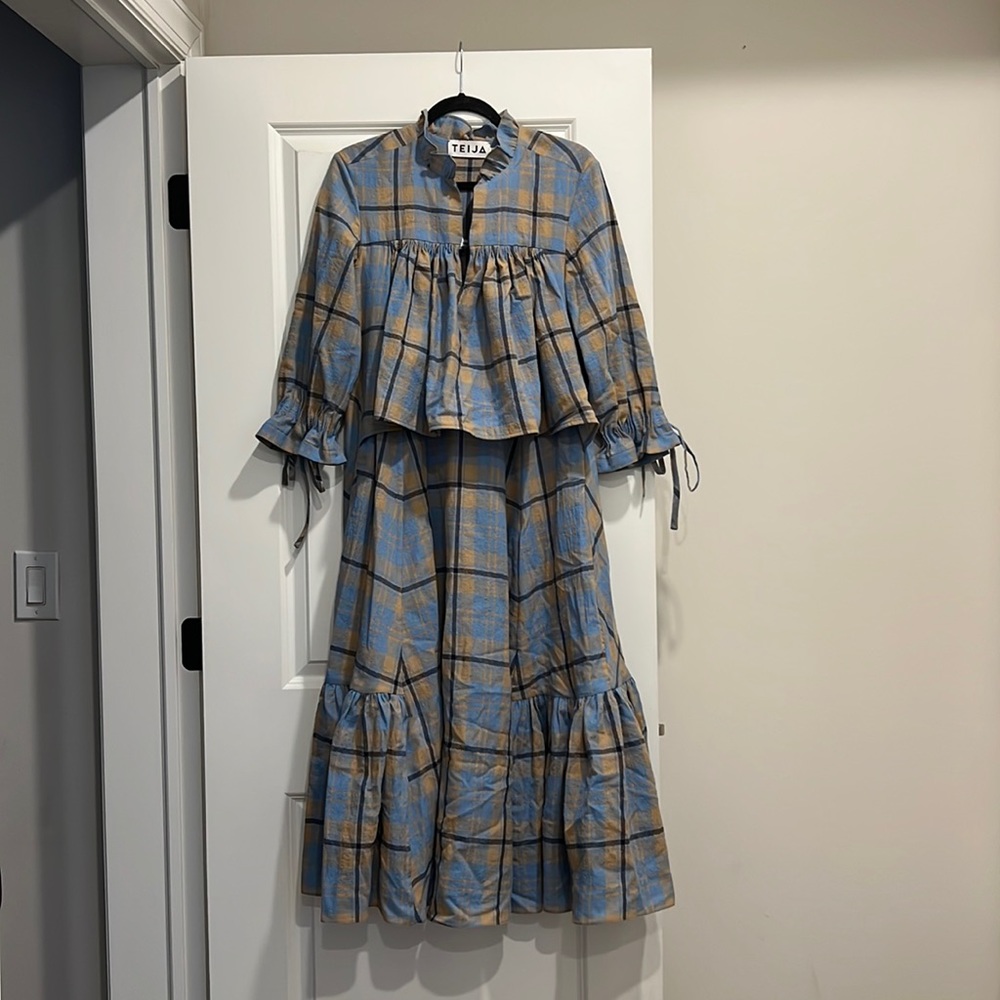 TEIJA Blue Plaid Wool Dress